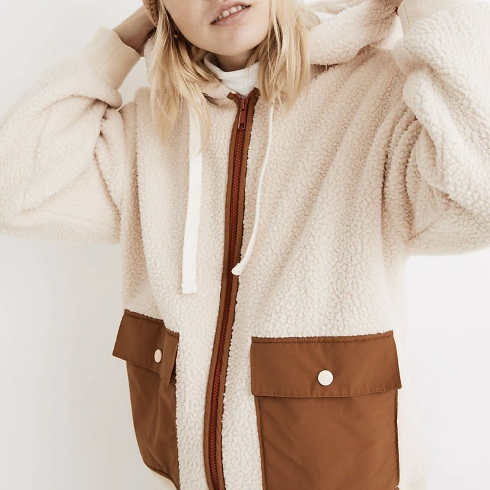 MADEWELL IVORY BROWN (RE)SOURCED FLEECE HOODED ZIP JACKET - Picture 3 of 5